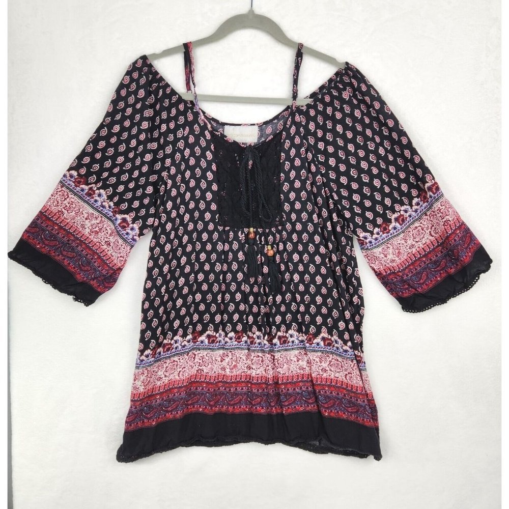 Ooberswank Womens Tank Blouse Size M Dress Tunic Red Print Cold Shoulder Boho‎
